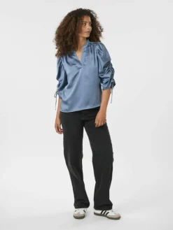 Alvira Drapy Satin Bluse, Dusty Blue, 40