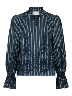 Amara Stripe Emb Bluse, Navy, 40