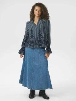 Amara Stripe Emb Bluse, Navy, 40