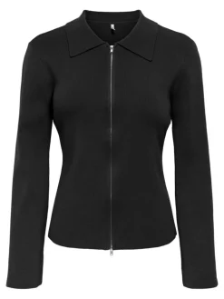 Andrea Zip Polo Cardigan, Black, L