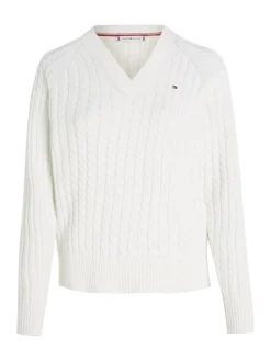 Cable V-Neck Sweater, Ecru, S