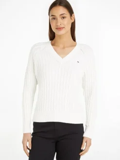 Cable V-Neck Sweater, Ecru, S