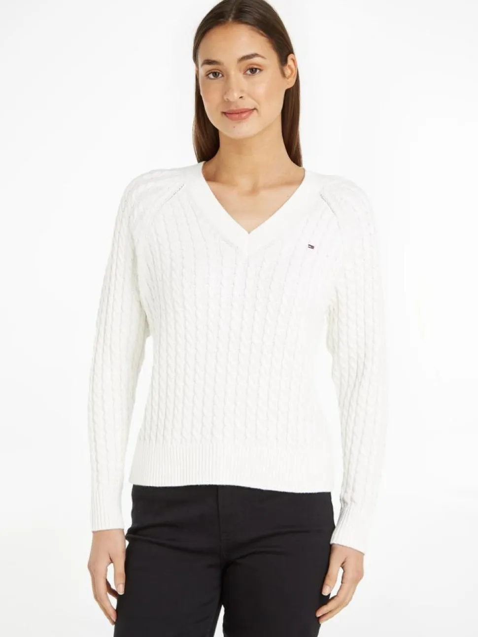 Cable V-Neck Sweater, Ecru, S