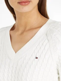 Cable V-Neck Sweater, Ecru, S