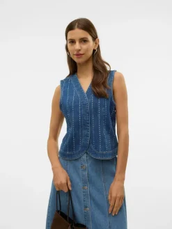 Carley Rhinetone Vest, Medium Blue Denim, M