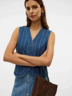 Carley Rhinetone Vest, Medium Blue Denim, M