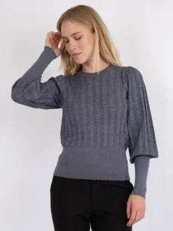 Dary Glitter Strikbluse, Steel Grey, 34