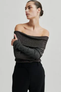 Ellis Off Shoulder Strikbluse, Black, L