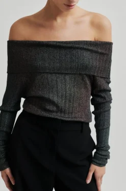 Ellis Off Shoulder Strikbluse, Black, L