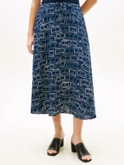 Ess Linen Flare Midi Nederdel, Flag Feathers Dark Night Navy, XL