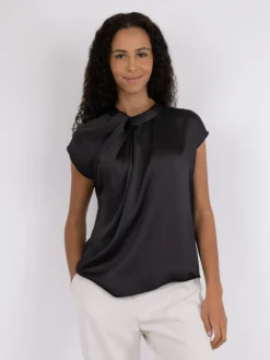 Fleur Drapy Satin Bluse, Sort, 38