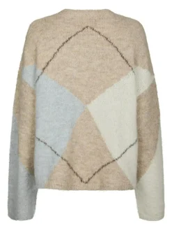 Inga Check Fluff Knit Striktrøje, Beige Melange, 36