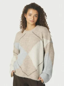 Inga Check Fluff Knit Striktrøje, Beige Melange, 36