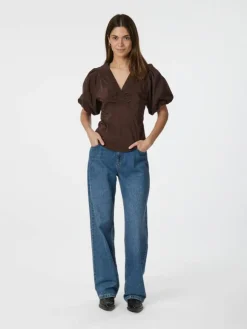 Irina Poplin Bluse, Dark Brown, 36