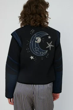 Moon and Star Embroidered Jakke, Black, 42
