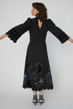Moon and Star Embroidered Midi Kjole, Black, 40
