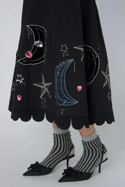 Moon and Star Embroidered Midi Kjole, Black, 40