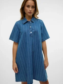 Ocean Striped Kjole, Medium Blue Denim, L