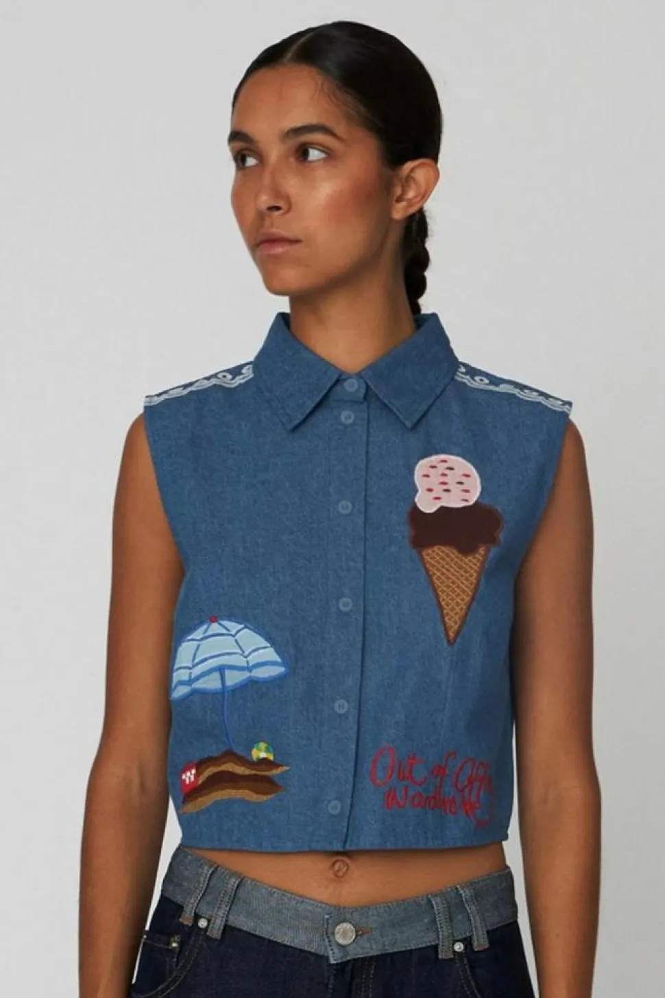 Out Of Office Embroidered Top, Summer Blue, 40