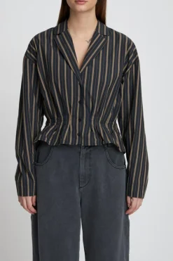 Plisseret Skjorte, Dark Striped, 36