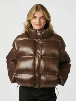 Rhea Shiny Puffer Jakke, Dark Brown, 34