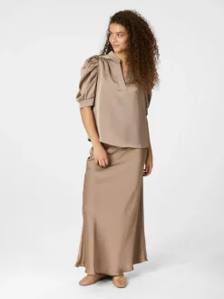 Roella Heavy Sateen Bluse, Dark Taupe, 40