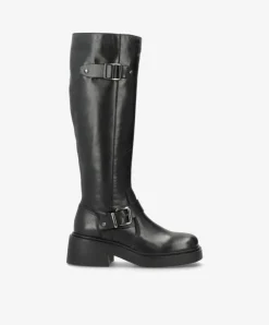 Saddle Long Buckle Støvler, Black Leather, 37