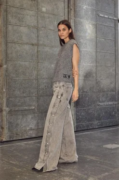 Side Panel Button Jeans, Light Grey, L