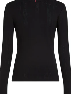 Slim Pointelle Langærmet T-shirt, Black, S