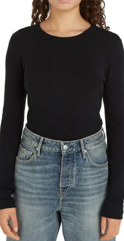 Slim Pointelle Langærmet T-shirt, Black, S