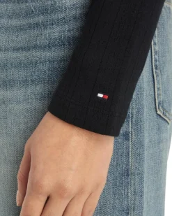 Slim Pointelle Langærmet T-shirt, Black, S