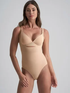 Soft Touch Seamless Open Bust Bodysuit, Beige, L
