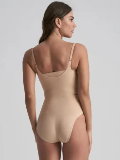 Soft Touch Seamless Open Bust Bodysuit, Beige, L