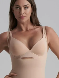 Soft Touch Seamless Open Bust Bodysuit, Beige, L