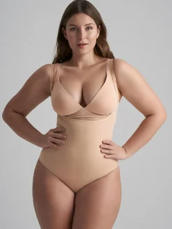 Soft Touch Seamless Open Bust Bodysuit, Beige, L