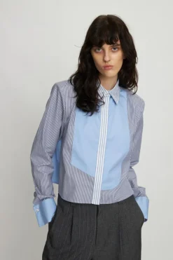 Stribet Cropped Skjorte, Blue Stripes, 42