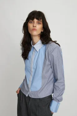 Stribet Cropped Skjorte, Blue Stripes, 42
